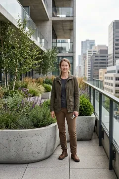 3D architectural visualization portrait of a rooftop garden designer beside a sculptural concrete planter on a contemporary terrace with lush greenery.