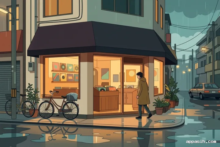 Closer flat 2D illustration of the same rainy 1980s corner record shop with glowing vinyl displays, two bicycles, a raincoat-clad shopper, and warm reflections across the wet street.