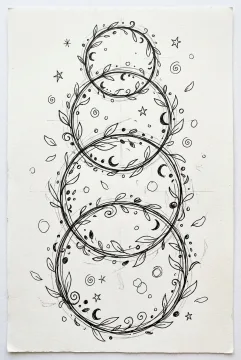 Abstract orbit garden doodle with floating botanical rings, curling vines, seed shapes, stars, and hand-drawn ink textures on warm paper.