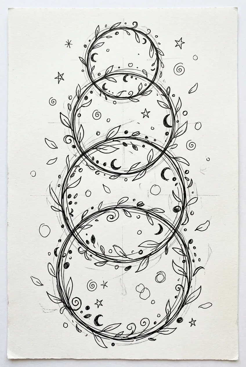 Abstract orbit garden doodle with floating botanical rings, curling vines, seed shapes, stars, and hand-drawn ink textures on warm paper.