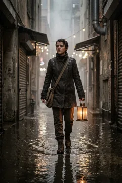 Young lantern courier in a charcoal coat walking through a rain-flooded city alley at night with warm amber light and cinematic reflections.