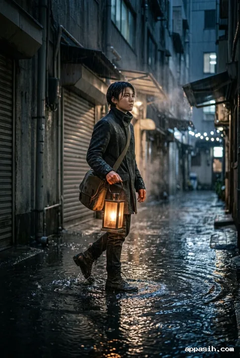 Lantern courier moving through the same rain-flooded city alley, seen in a closer three-quarter cinematic view with amber lantern glow, wet textures, mist, and cool night reflections.