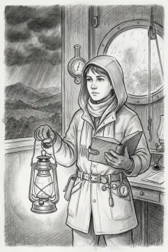 Pencil sketch portrait of a lantern keeper inside a rainy hilltop observatory holding a lantern and weather journal beside storm-watching instruments.