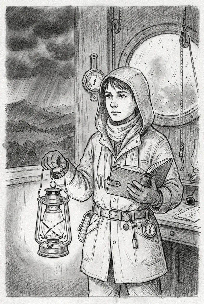 Pencil sketch portrait of a lantern keeper inside a rainy hilltop observatory holding a lantern and weather journal beside storm-watching instruments.