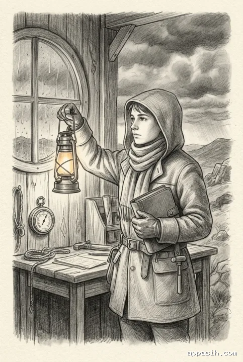 Detailed pencil sketch of the same rain observatory lantern keeper raising a lantern near a stormy window while holding a weather journal.