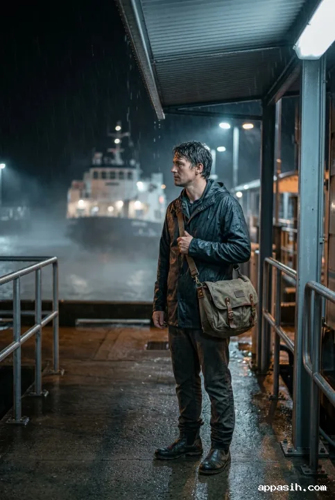 Ferry courier holding a weathered canvas bag at the same rainy harbor terminal, viewed in a closer cinematic editorial composition with dock reflections and mist.