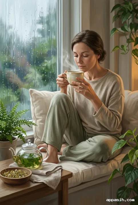 Closer digital painting of a woman practicing mindfulness with herbal tea beside a rain-covered window, glass teapot, chamomile flowers, and green plants.