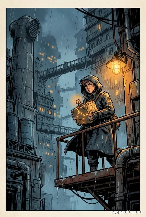 Cartoon comic book concept art showing a rooftop courier holding a glowing clockwork parcel on a rainy maintenance platform above a misty vertical city.