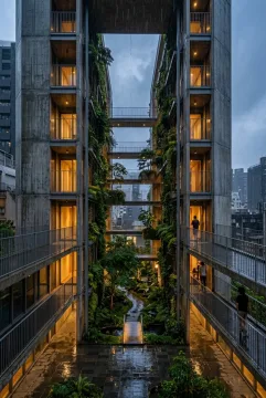 Cinematic concrete courtyard tower surrounding a lush vertical garden atrium during rain, with warm interior lights reflecting across wet stone paving.