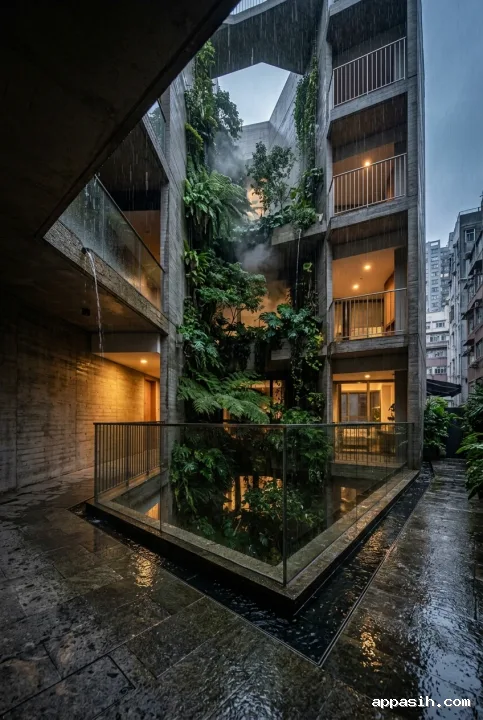 Closer cinematic view inside the same rainlit concrete courtyard tower, showing the vertical garden atrium, cascading plants, warm corridors, rainwater details, and reflective stone paving.