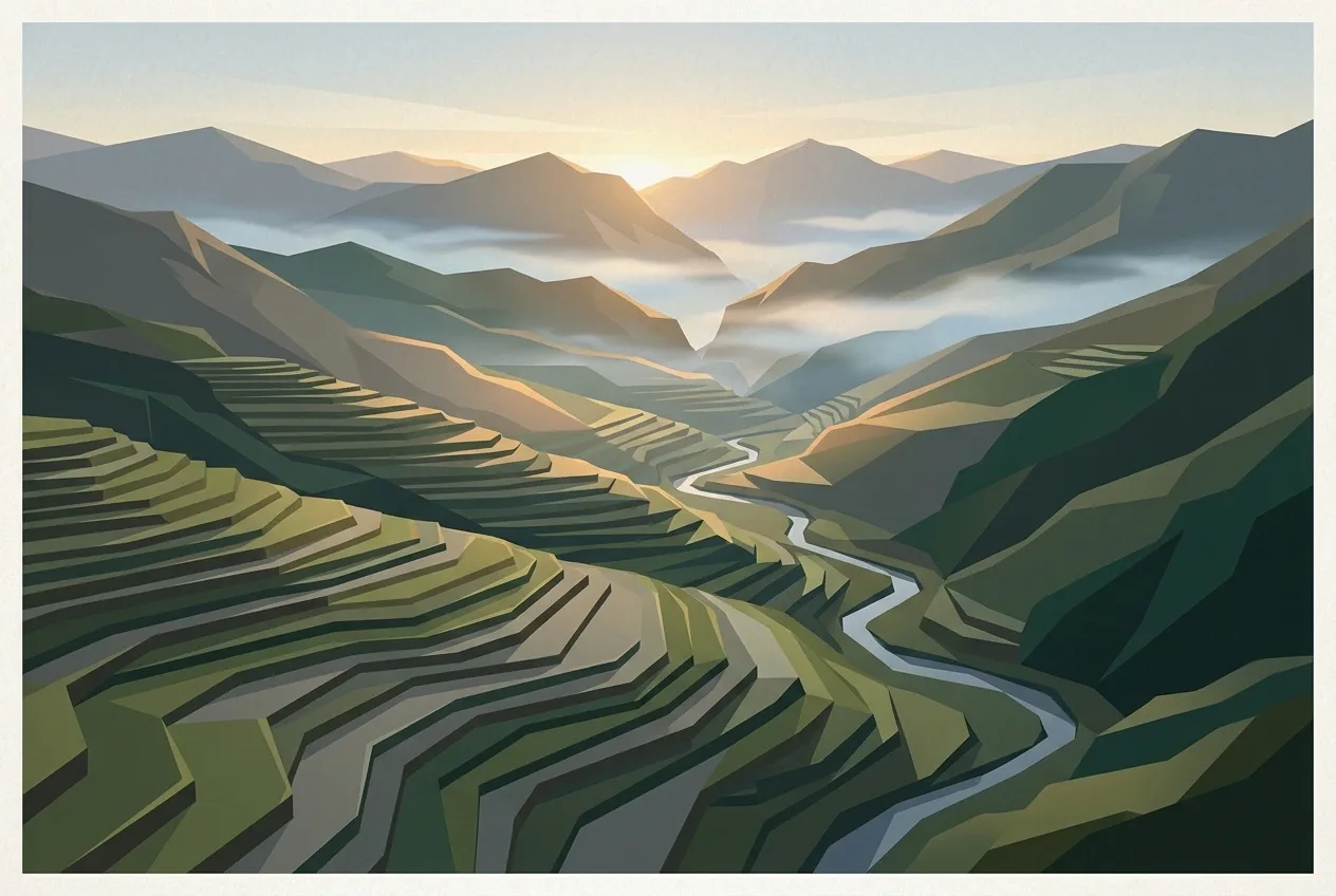 Geometric terraced mountain valley with a winding river, layered hills, morning mist, and soft sunrise light.