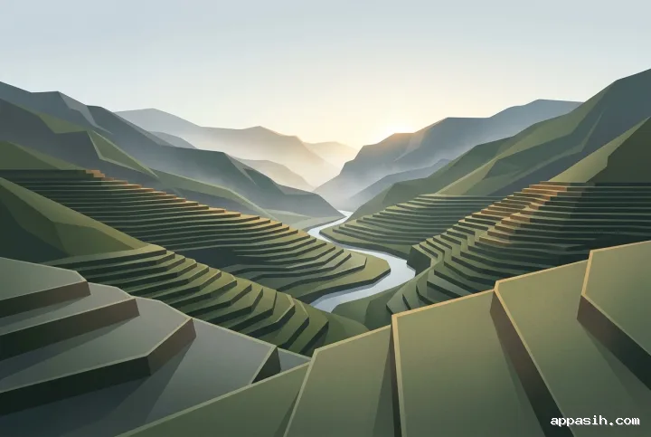Geometric terraced valley viewed from a closer hillside overlook with a winding river, layered misty mountains, and warm sunrise accents.