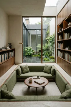 Rainy courtyard reading lounge with moss-green sunken seating, walnut bookshelves, limewash walls, and tall glass doors.