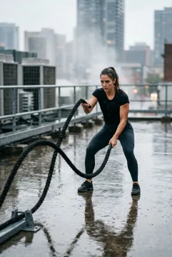 Athletic woman performing a battle rope workout on a rainy urban rooftop with cinematic lighting and wet concrete reflections.