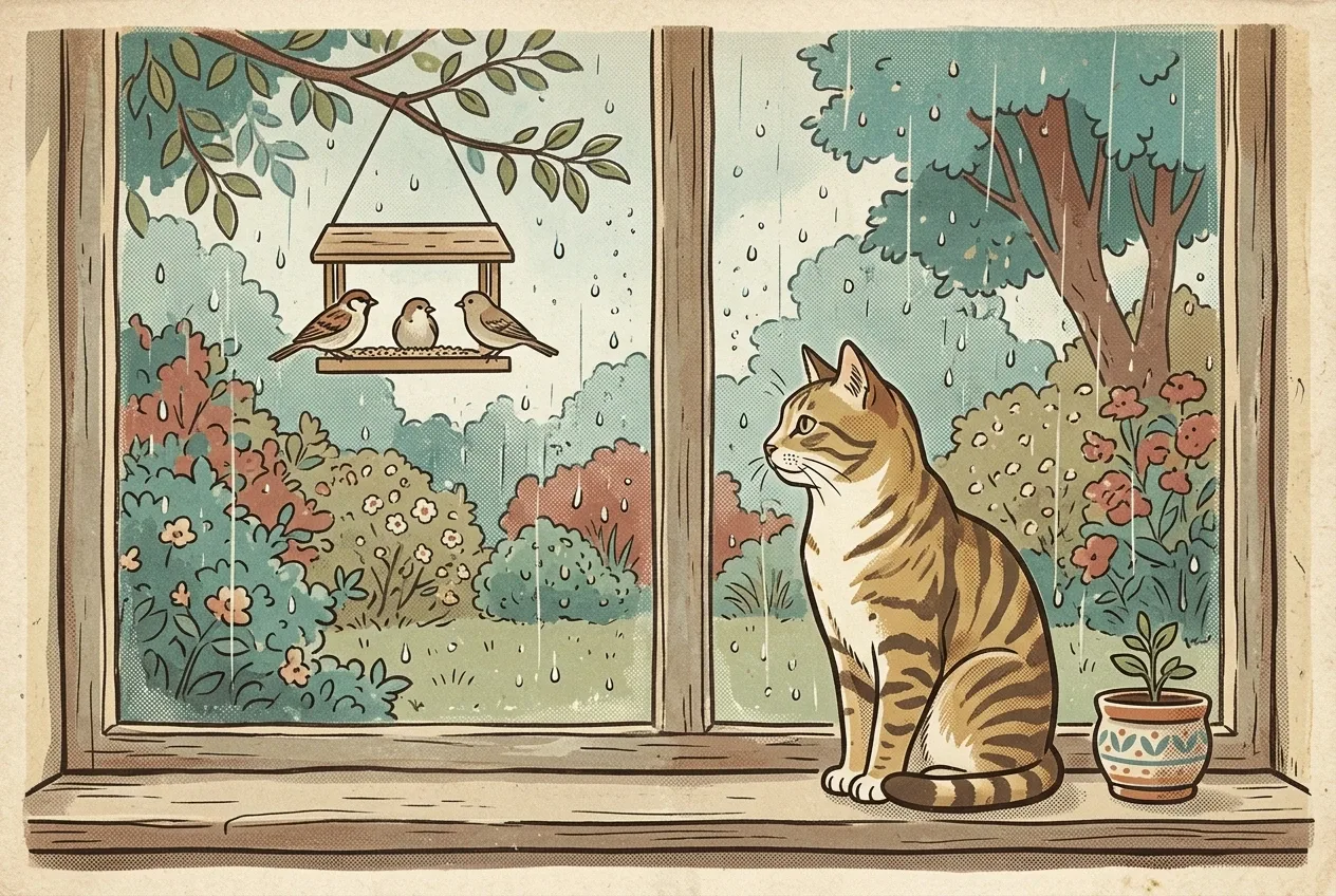 Retro vintage poster of a tabby cat sitting by a rainy window and watching small garden birds at a wooden feeder.