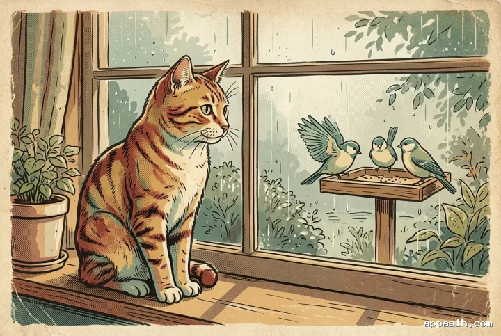 Detailed retro vintage poster of a tabby cat closely watching three garden birds through a rain-speckled cottage window.