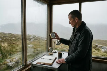 Rain observatory keeper standing inside a glass weather station on a misty highland ridge during rainfall.