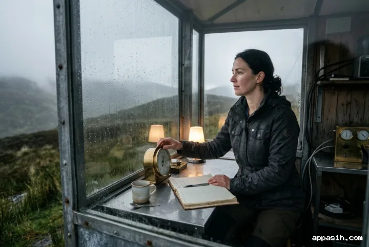 Rain observatory keeper adjusting a brass weather gauge inside a glass station overlooking misty rain-soaked highlands.