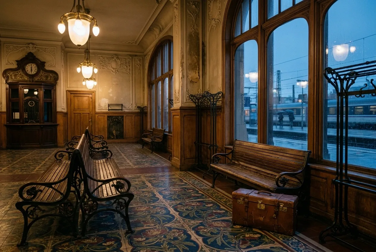 Retro Art Nouveau railway waiting room with curved wooden benches, floral ironwork, glowing frosted lamps, patterned tiles, and rainy twilight outside.