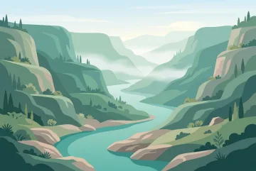 Flat illustration of a turquoise river winding through layered emerald canyon cliffs beneath soft morning mist.