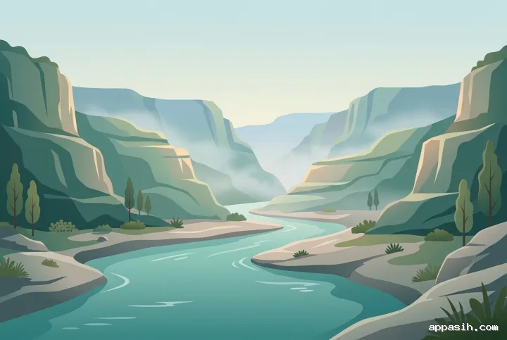 Detailed flat 2D illustration of the same turquoise river winding through emerald canyon cliffs with layered morning mist and warm edge lighting.