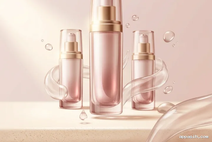 Closer abstract graphic view of three unbranded serum bottles with translucent liquid pearls, gel ribbons, and floating cosmetic droplets.