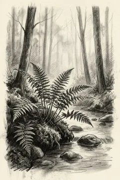 Charcoal drawing of fern fronds beside a narrow misty forest stream with mossy stones and tall woodland trees.
