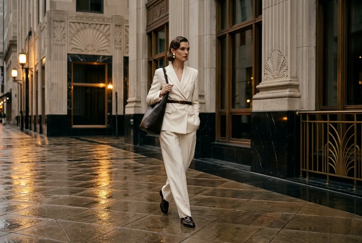 Fashion model in an ivory tailored suit walking across a rainy Art Deco promenade with geometric stone facades and brass accents.