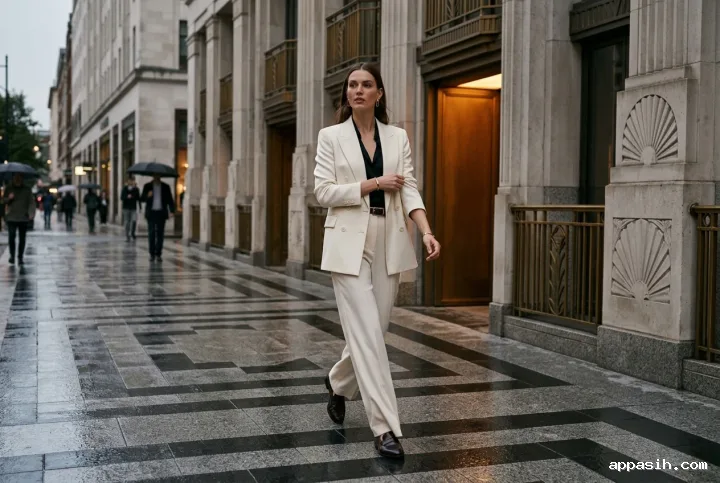Fashion model in the same ivory tailored suit viewed from a three-quarter angle on a rain-slicked Art Deco promenade with warm brass and amber architectural accents.