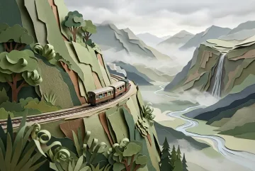 Papercraft scenic train traveling along a cliffside railway above a misty green highland valley with waterfalls and layered mountains.