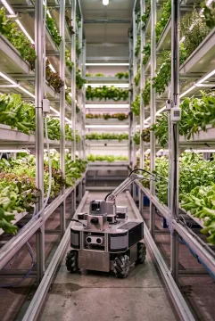 Autonomous greenhouse robot inspecting leafy vertical crops with sensors inside a modern controlled agriculture facility.