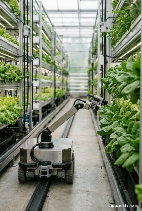 Closer editorial view of an autonomous greenhouse robot scanning leafy vertical crops with optical sensors in a modern controlled agriculture facility.