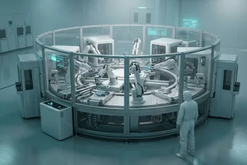 Autonomous microchip fabrication chamber with robotic wafer handlers operating inside a futuristic semiconductor cleanroom.