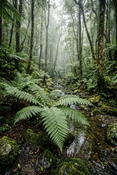 Silver ferns beside a moss-covered forest ravine with wet stones, a narrow stream, drifting mist, and soft morning light.
