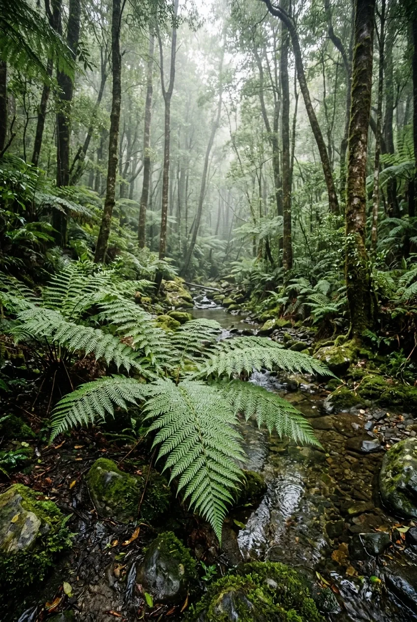 Silver ferns beside a moss-covered forest ravine with wet stones, a narrow stream, drifting mist, and soft morning light.