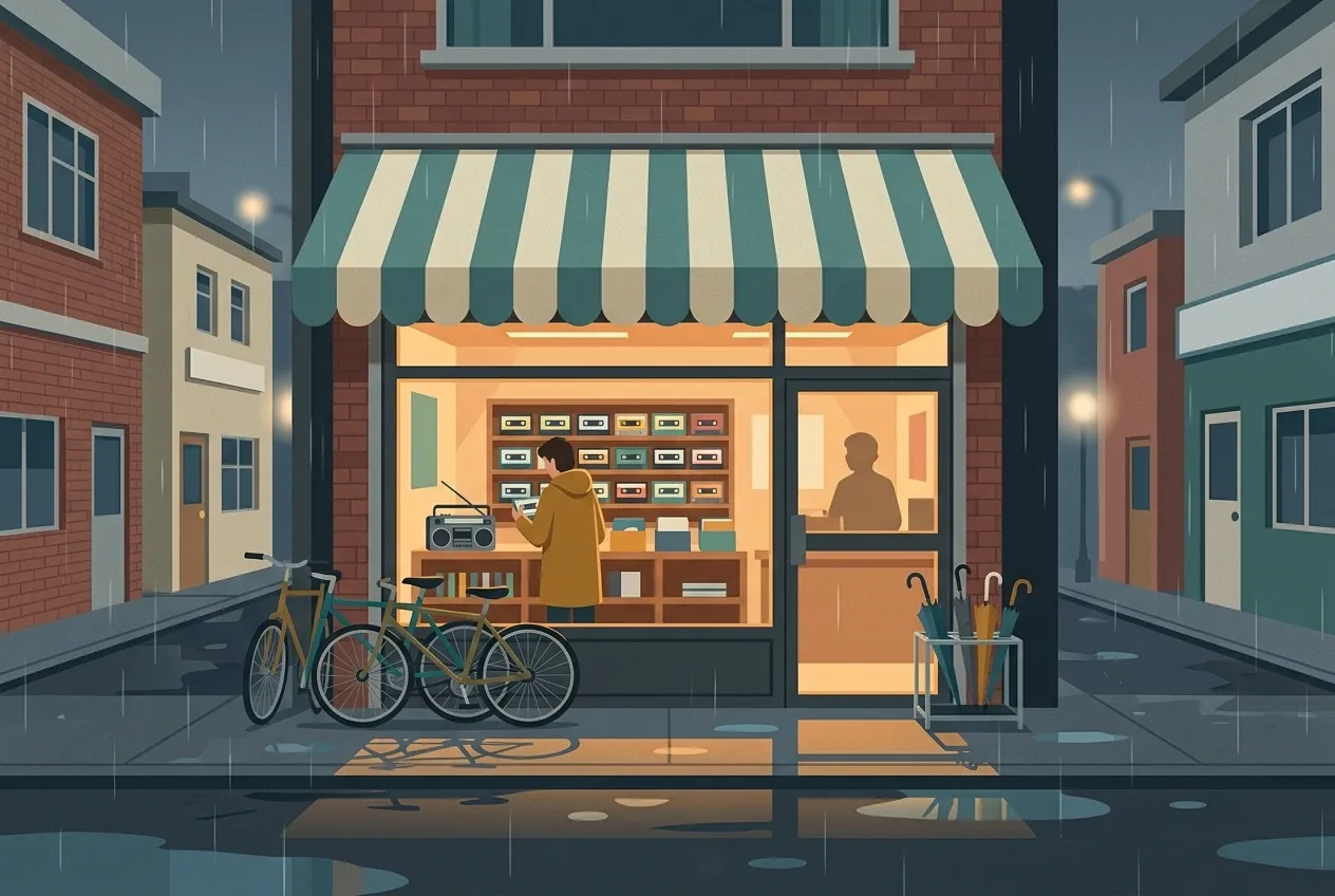 Flat illustration of a 1980s neighborhood cassette shop glowing warmly on a rainy evening with cassette displays, a portable radio, bicycles, umbrellas, and wet street reflections.