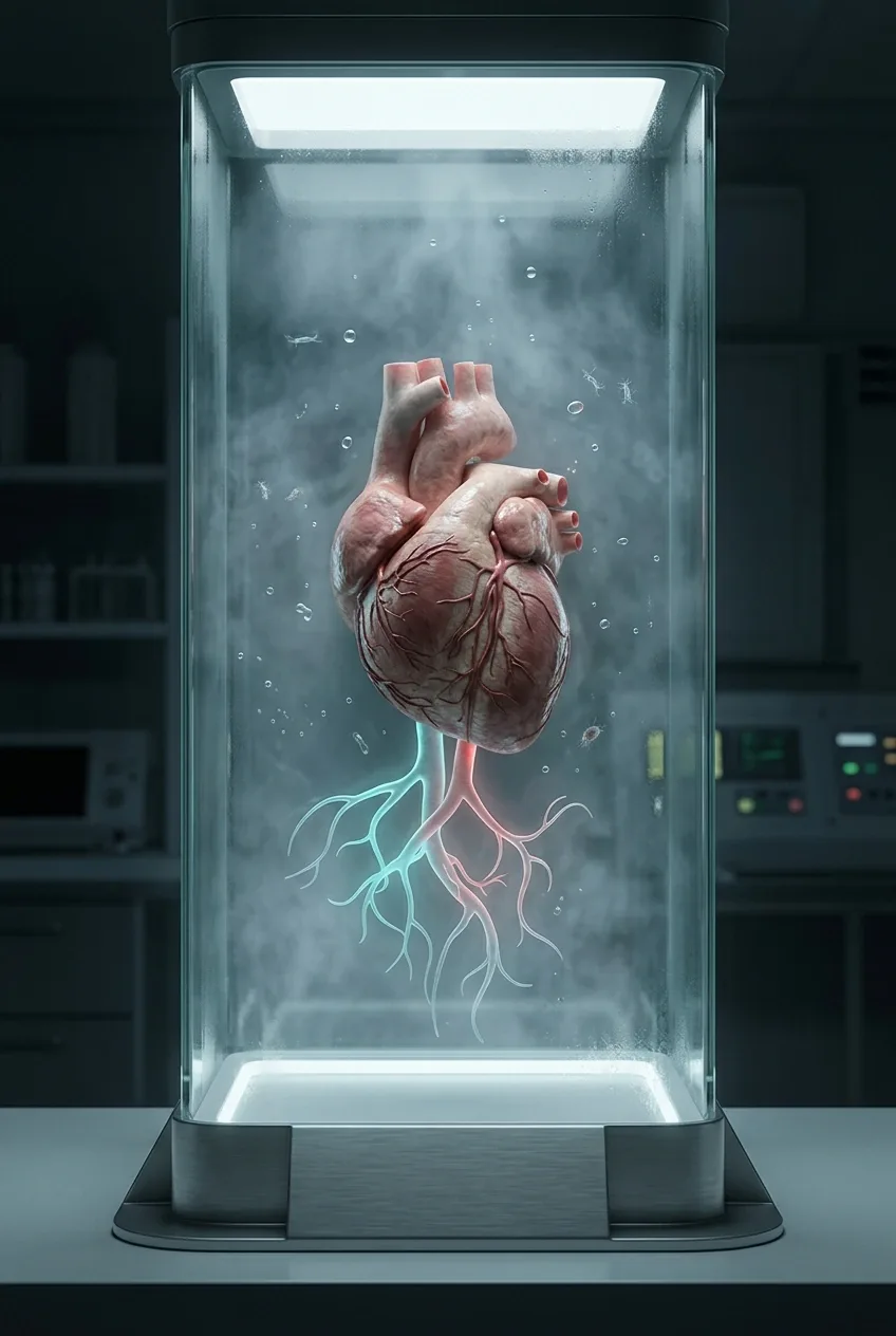 Surreal human heart suspended in a biomedical chamber with luminous translucent vascular roots in a misty laboratory.