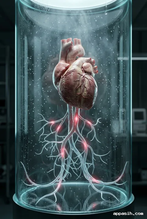 Close three-quarter surreal view of a human heart in a biomedical chamber with glowing vascular roots, mist, droplets, and clinical cyan-crimson lighting.