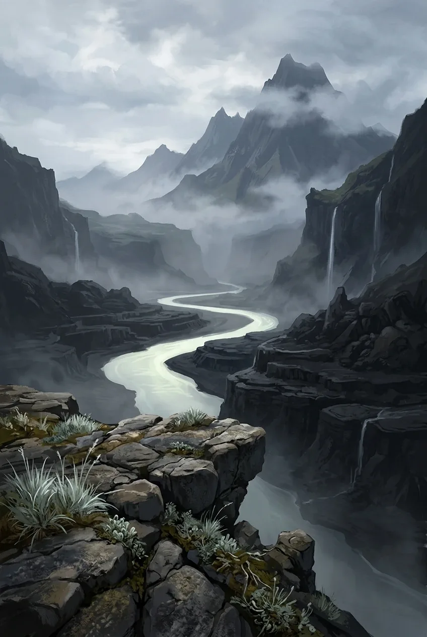 Mistbound basalt valley with a softly luminous winding river, dark layered rock terraces, thin waterfalls, and distant mountains in portrait Concept Art.