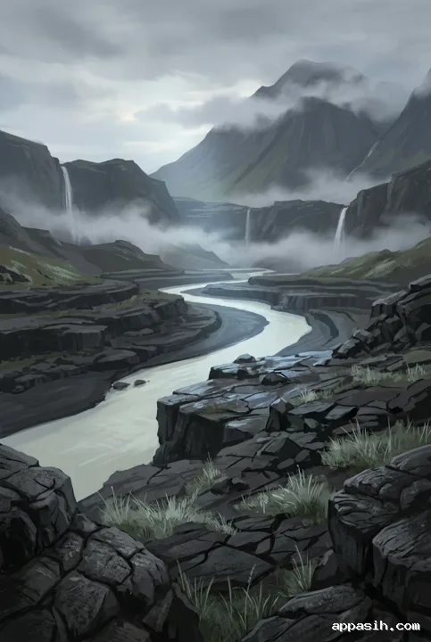 Closer portrait Concept Art view of a mistbound basalt valley with a luminous winding river, wet dark rock terraces, thin waterfalls, and cloud-covered mountains.