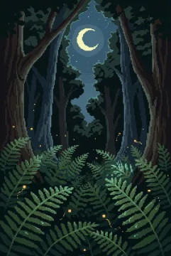 Retro Pixel Art scene of golden fireflies glowing above wet ferns in a moonlit forest grove.
