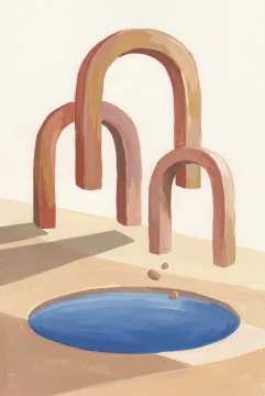 Abstract gouache painting of terracotta floating stone arches above a cobalt-blue pool in a layered mineral landscape.