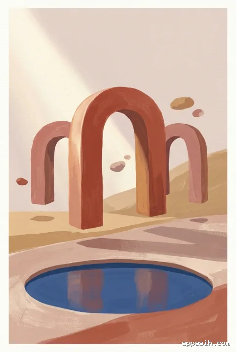 Detailed abstract gouache painting of three terracotta stone arches floating above a cobalt pool with long geometric shadows in a quiet mineral landscape.