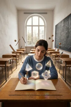 Student studying luminous floating geometric solids above a wooden desk in a surreal classroom with curved perspective and suspended learning objects.