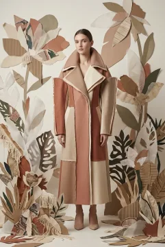 Fashion model wearing a sculptural clay and ivory tailored coat in a botanical paper and textile collage studio.