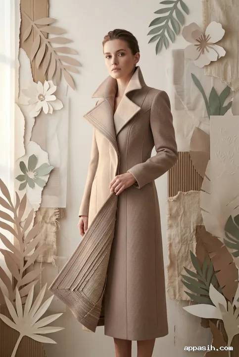 Fashion model in a sculptural tailored coat viewed from a low three-quarter angle within a layered botanical paper and textile collage studio.