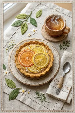 Citrus tart with orange and lemon slices beside herbal tea, rendered in layered fabric, embroidery, appliqué, and visible botanical stitching on a linen table.