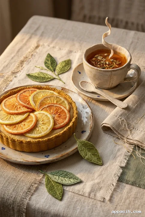 Close three-quarter view of a citrus tart and herbal tea on a linen table, crafted from layered textiles with detailed embroidery, appliqué citrus slices, stitched leaves, and warm side lighting.