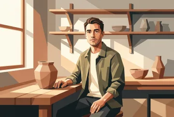 Geometric graphic portrait of a ceramic artist seated beside an unfinished clay vessel in a sunlit pottery studio.