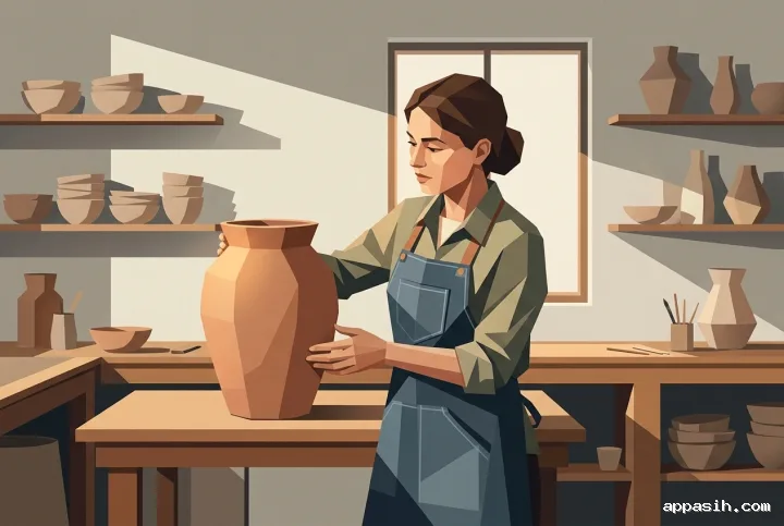 Wide geometric graphic portrait of the same ceramic artist turning an unfinished clay vessel at a sunlit pottery studio workbench.